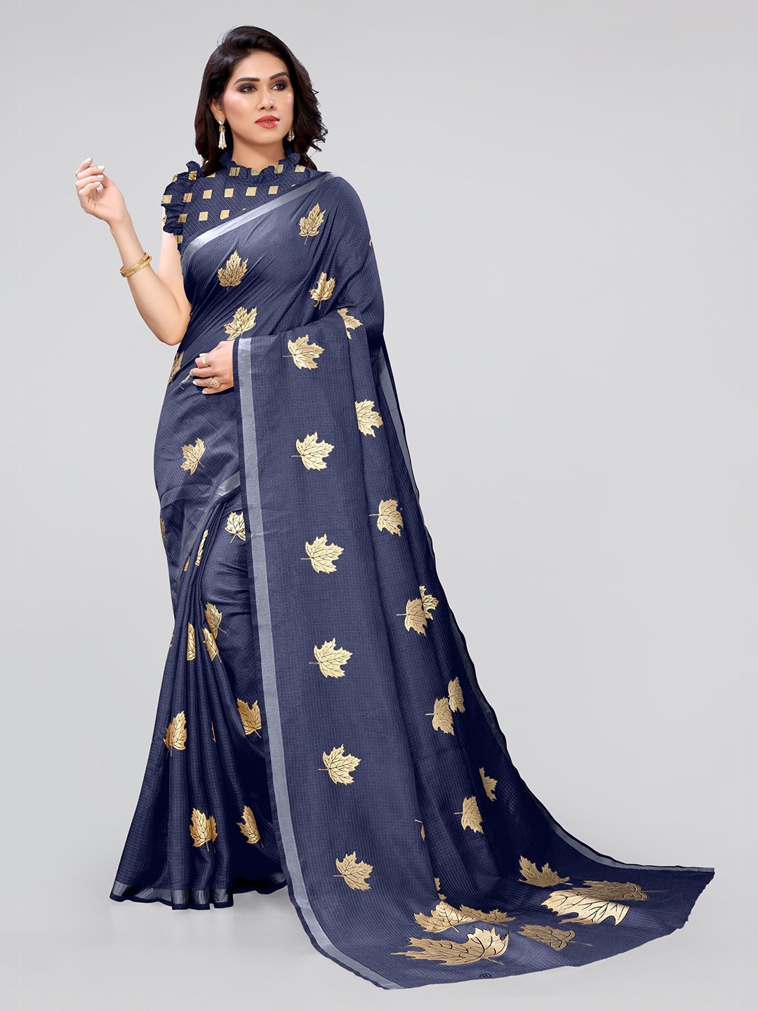 

MIRCHI FASHION Navy Blue & Gold-Toned Floral Printed Cotton Blend Saree