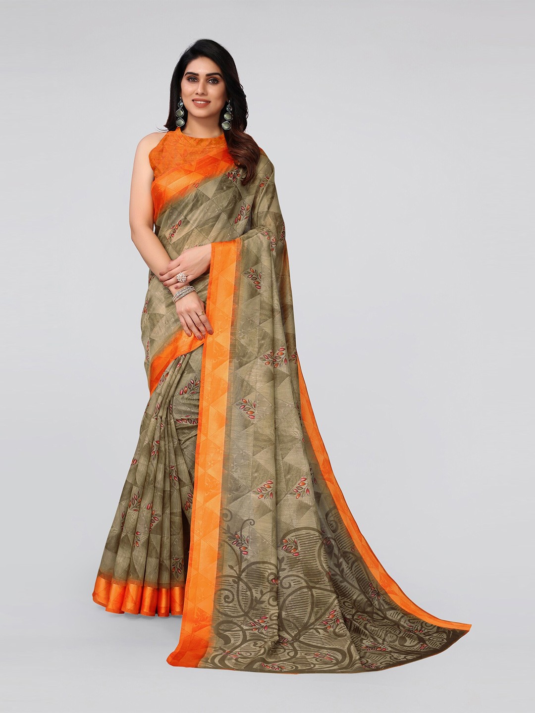 

MIRCHI FASHION Beige & Orange Floral Printed Cotton Blend Saree