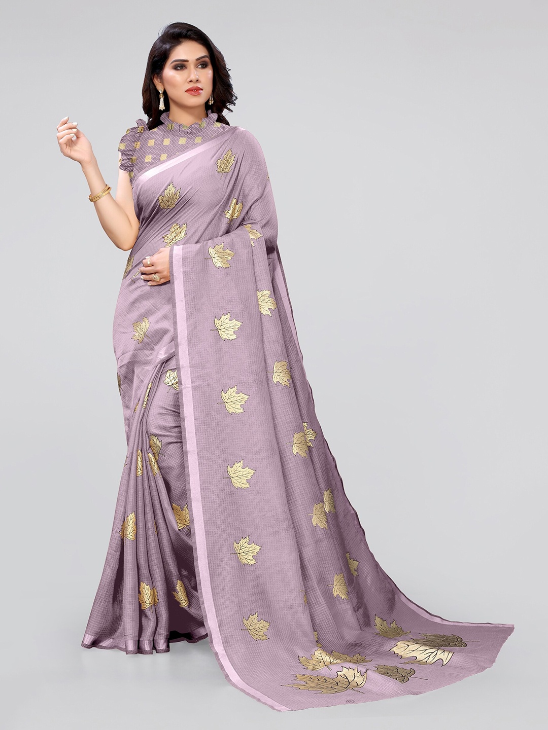 

MIRCHI FASHION Purple & Gold-Toned Floral Printed Cotton Blend Saree
