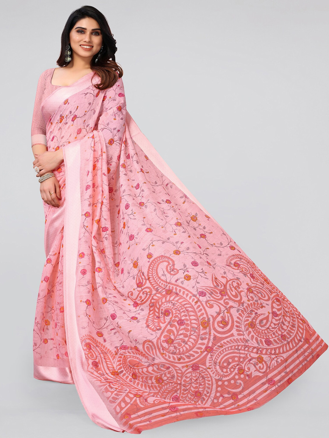 

MIRCHI FASHION Women Pink & Red Floral Zari Saree