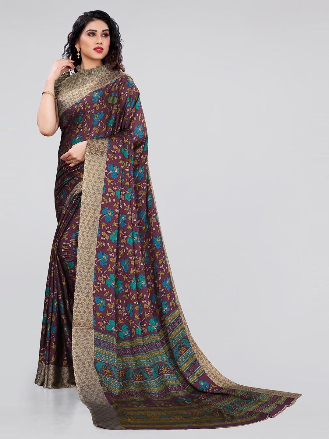 

MIRCHI FASHION Women Burgundy & Blue Floral Saree