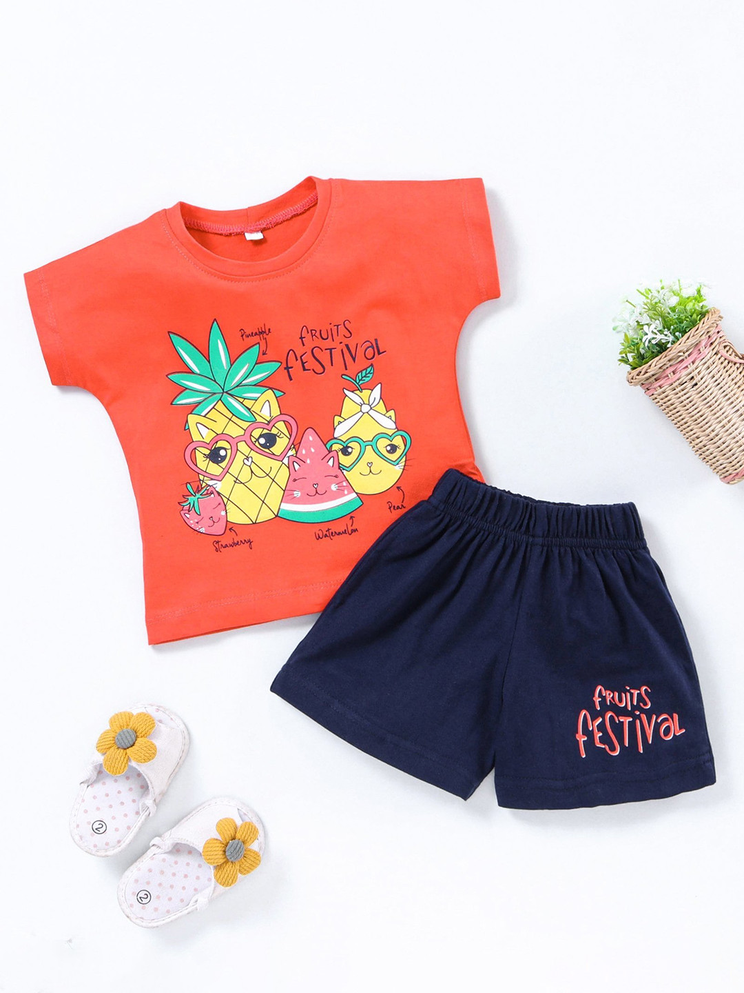 

Enfance Kids Girls Orange And Blue Graphic Printed Top And Short Night suit