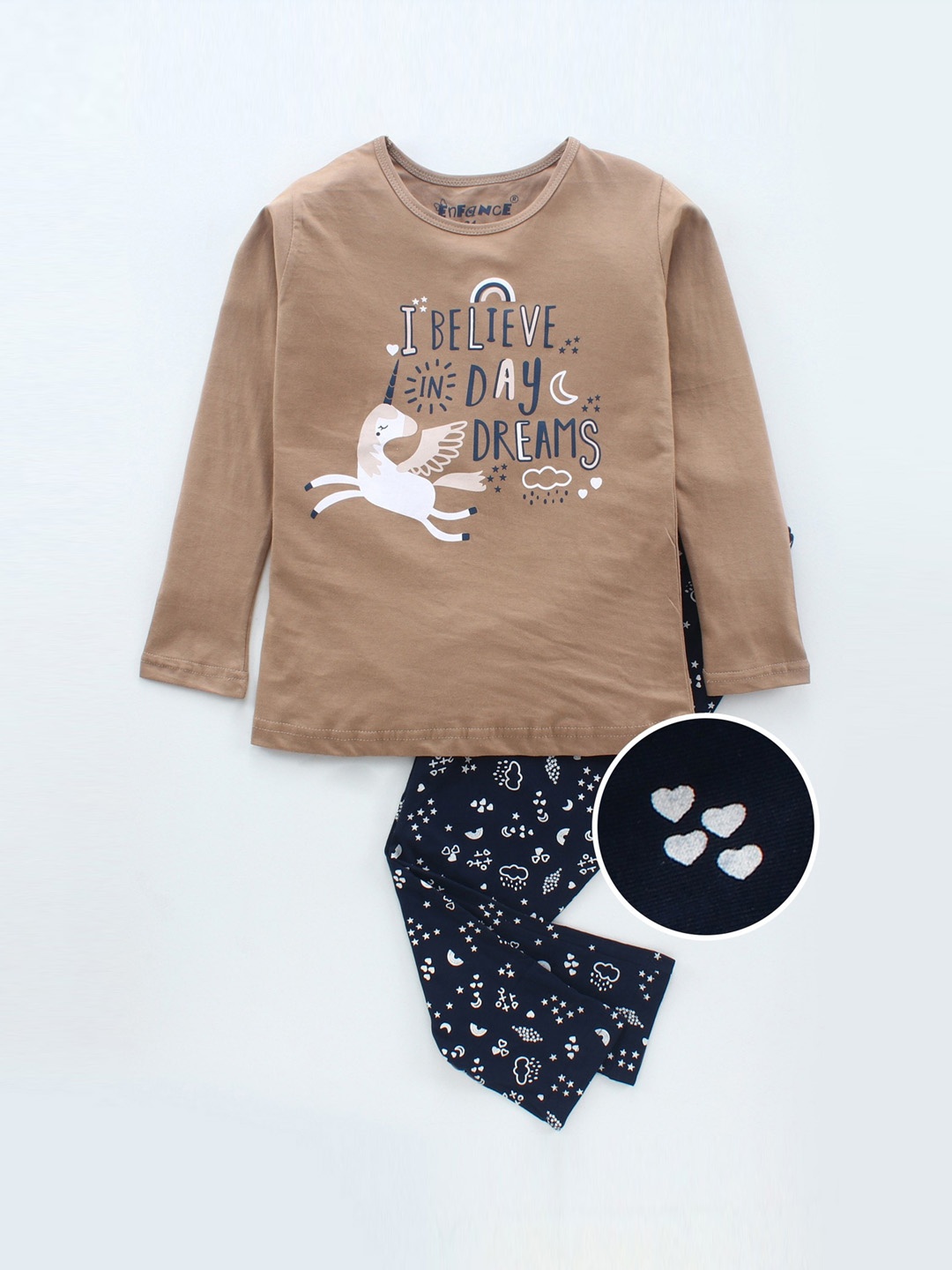 

Enfance Girls Khaki & White Printed Night suit