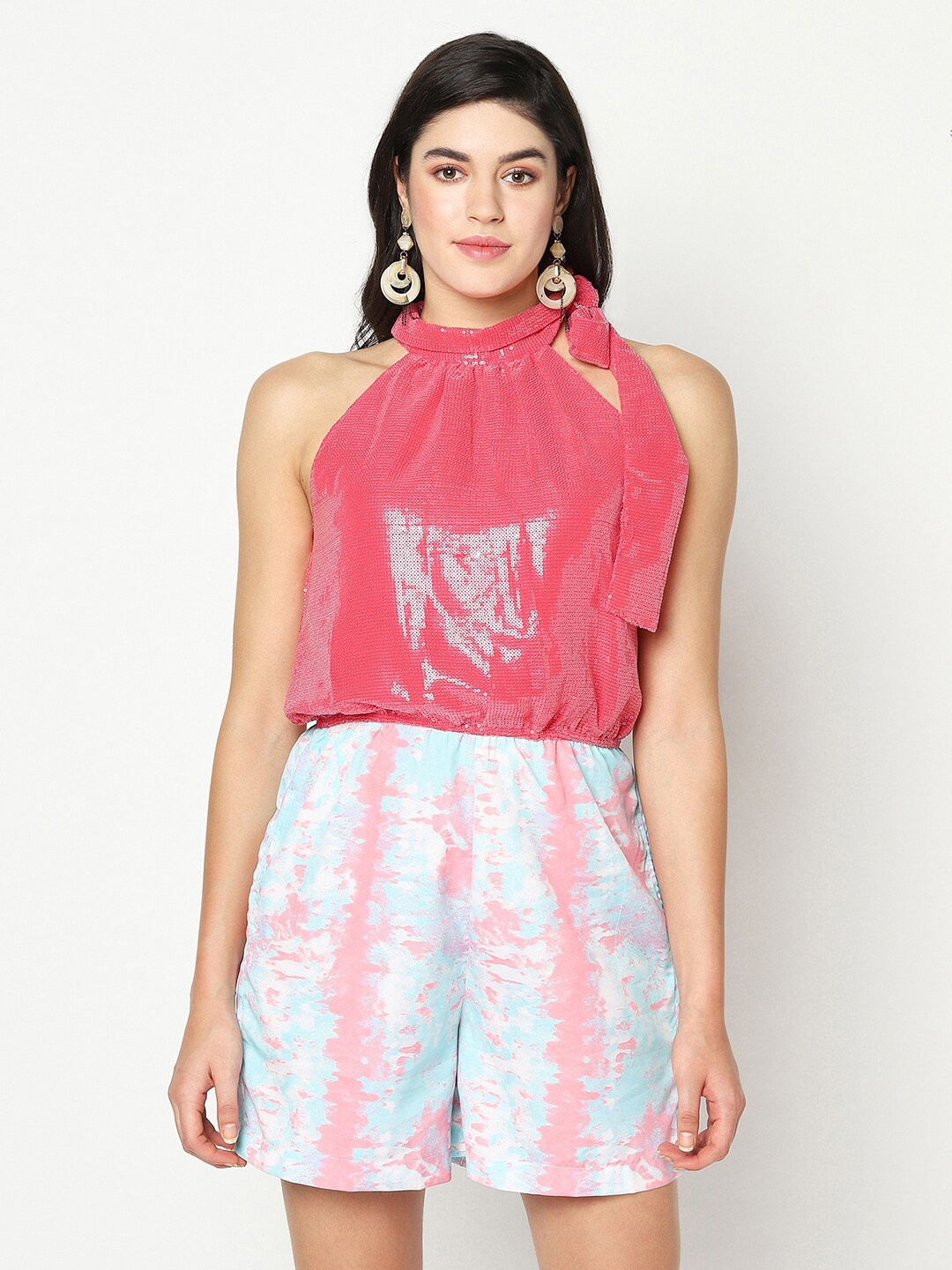

SQew Pink & White Printed Embellished Playsuit