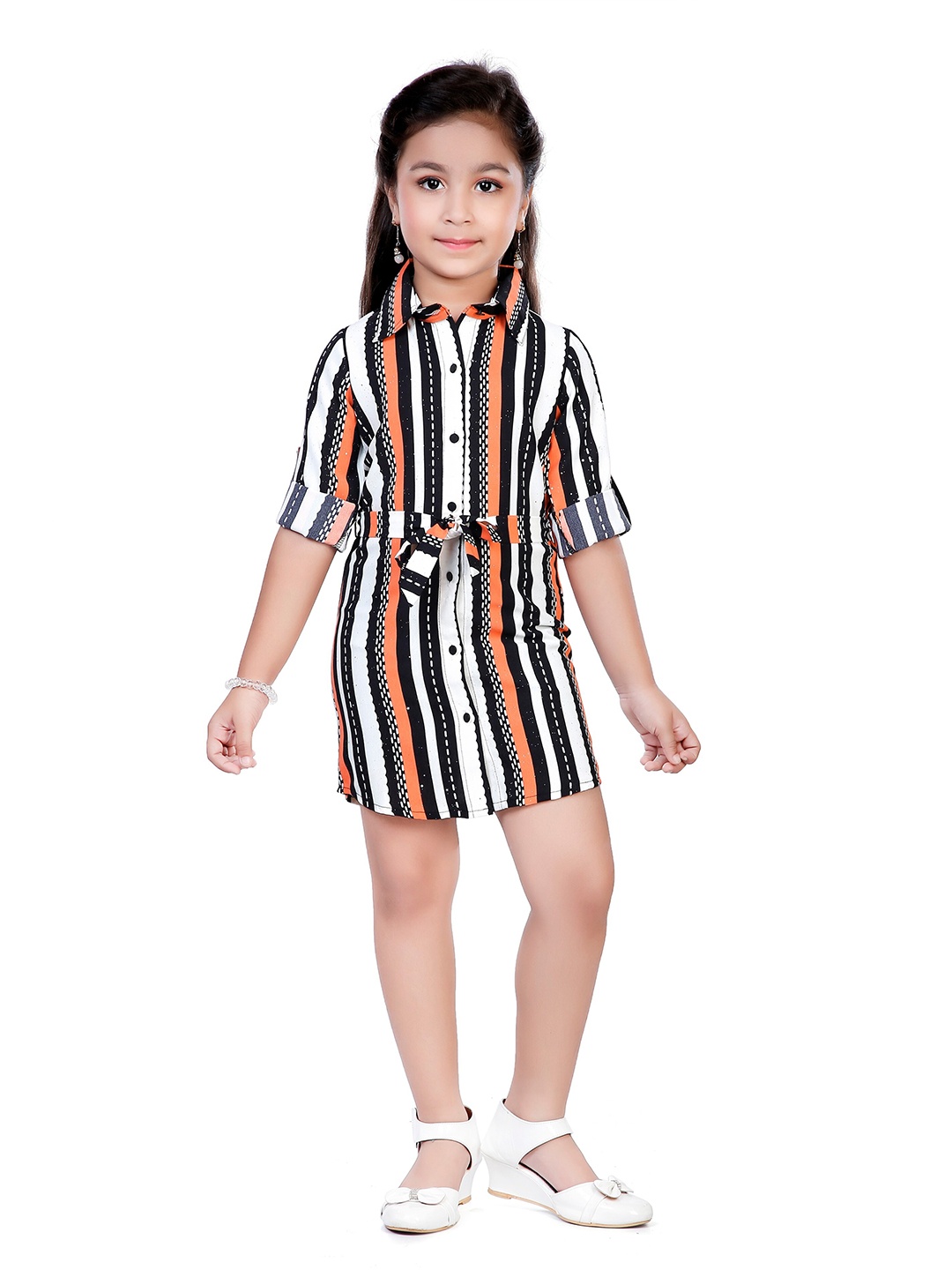 

Hunny Bunny Girls Orange & White Striped Polyester Shirt Dress