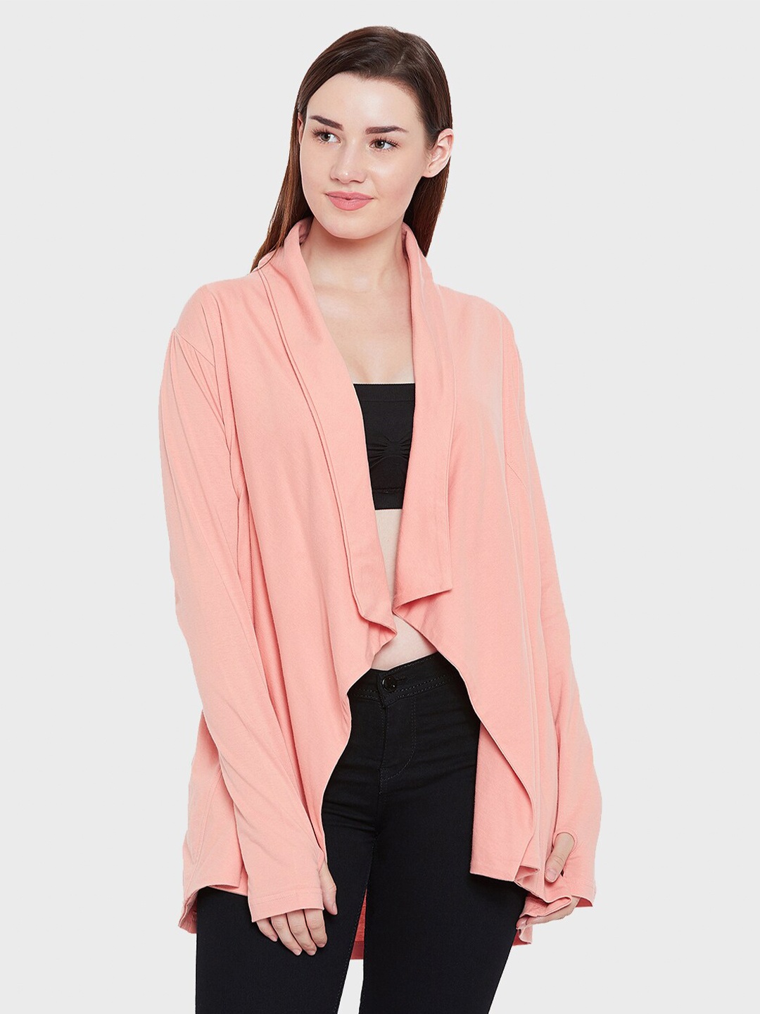 

Hypernation Women Pink Solid Cotton Longline Shrug