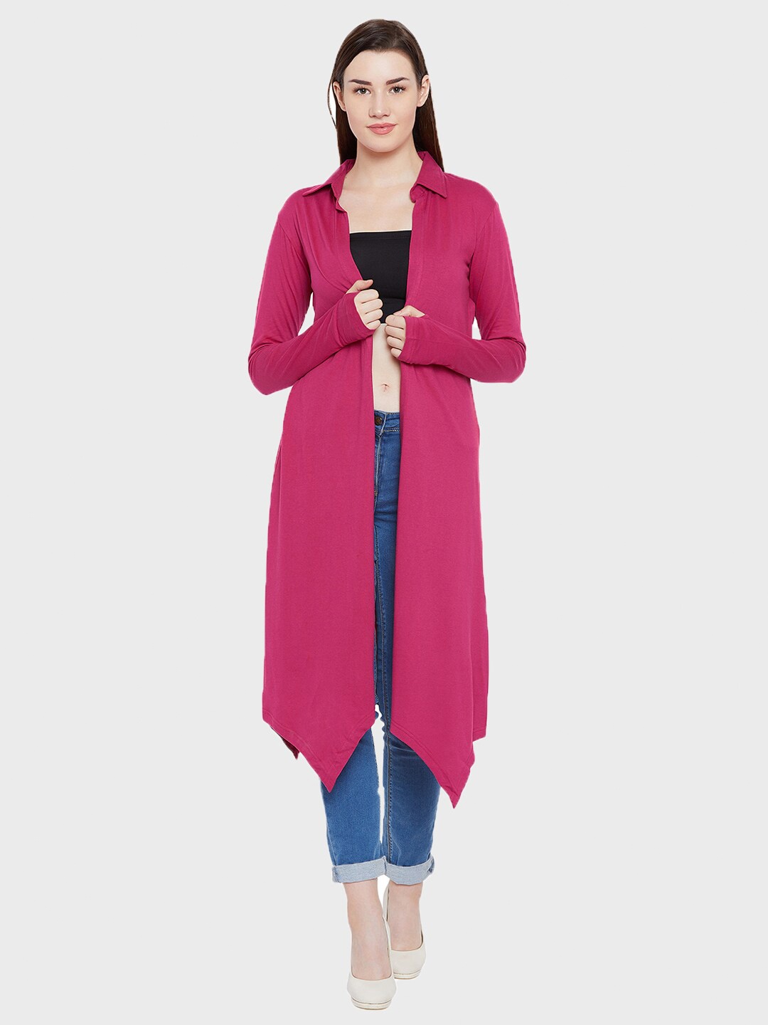 

Hypernation Women Magenta Solid Longline Cotton Shrug