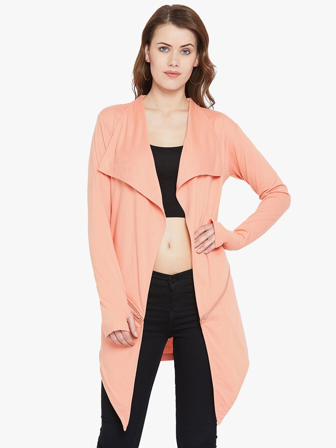 

Hypernation Women Peach Open Front Asymmetric Hem Cotton Longline Shrug