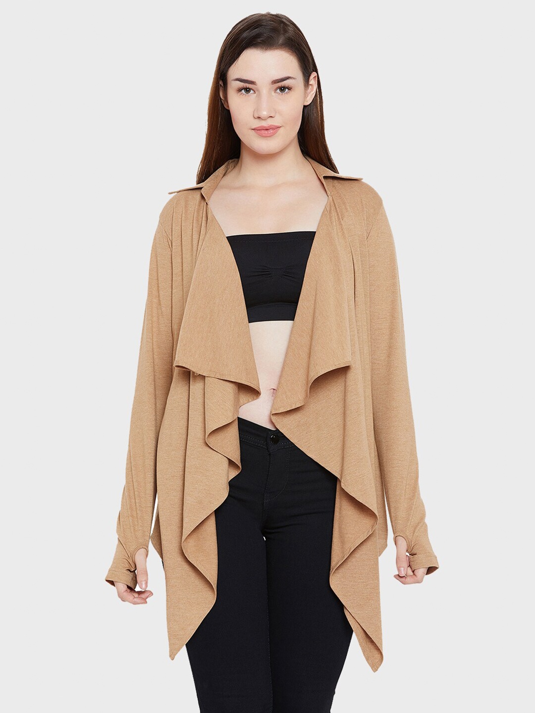 

Hypernation Women Khaki Solid Shrug
