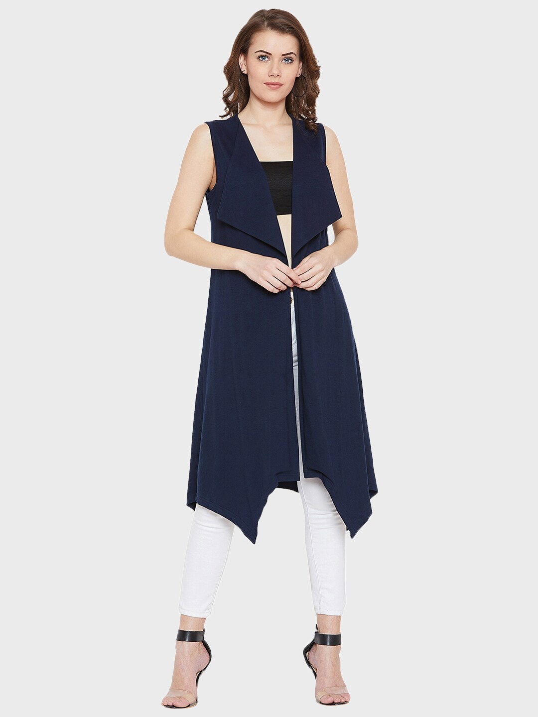 

Hypernation Women Navy Blue Solid Cotton Sleeveless Longline Shrug