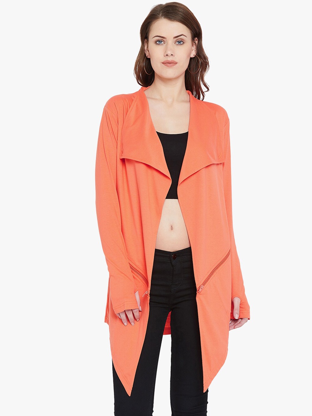 

Hypernation Women Orange Cotton Longline Shrug