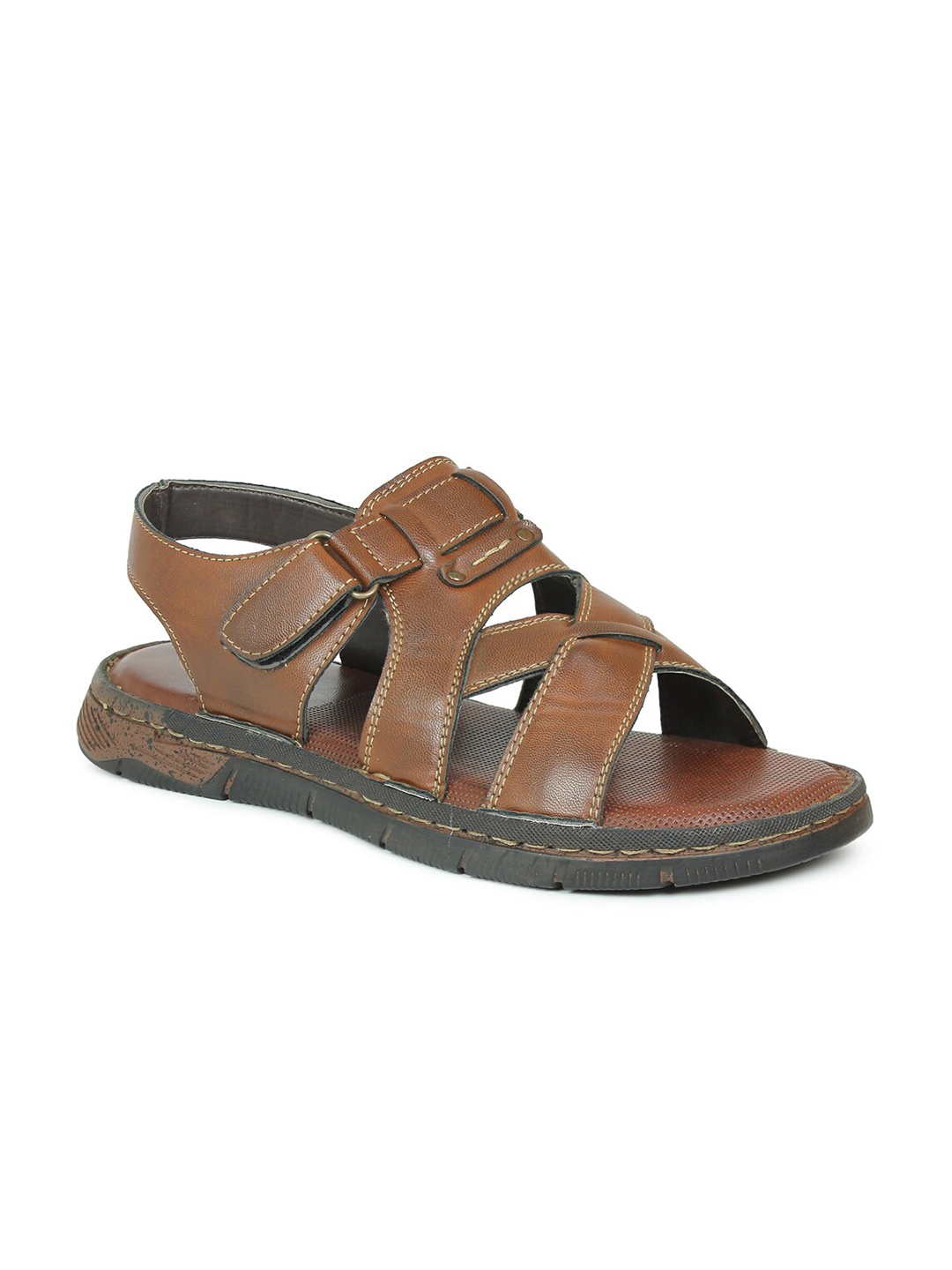 

PRIVO Men Brown & Black Leather Comfort Sandals