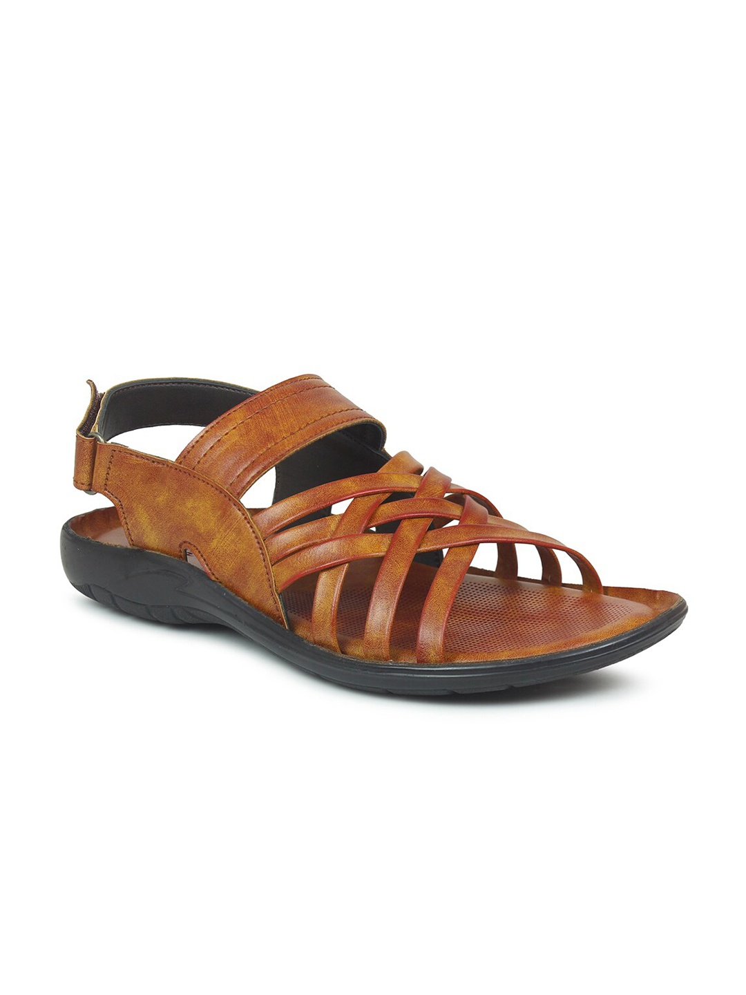 

PRIVO Men Coffee Brown & Black Leather Fisherman Sandals