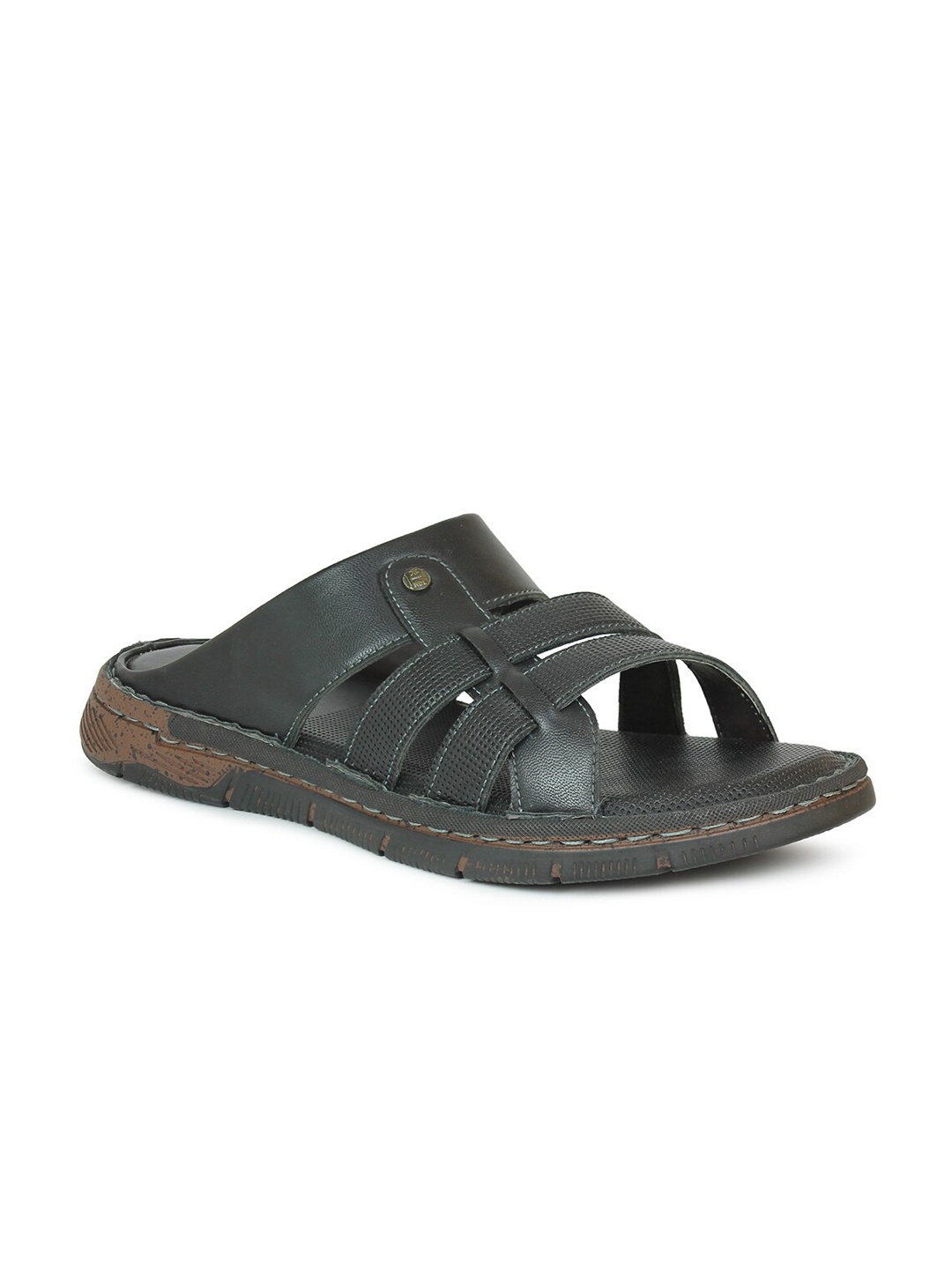 

PRIVO Men Black & Brown Leather Comfort Sandals