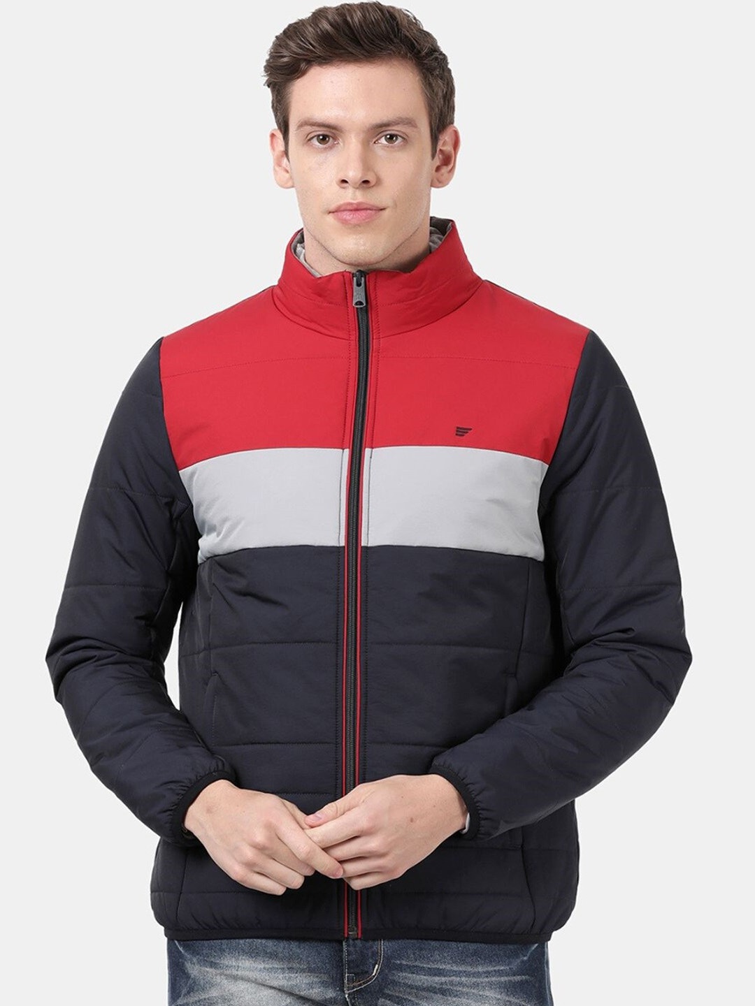 

t-base Men Navy Blue Red Colourblocked Windcheater Puffer Jacket