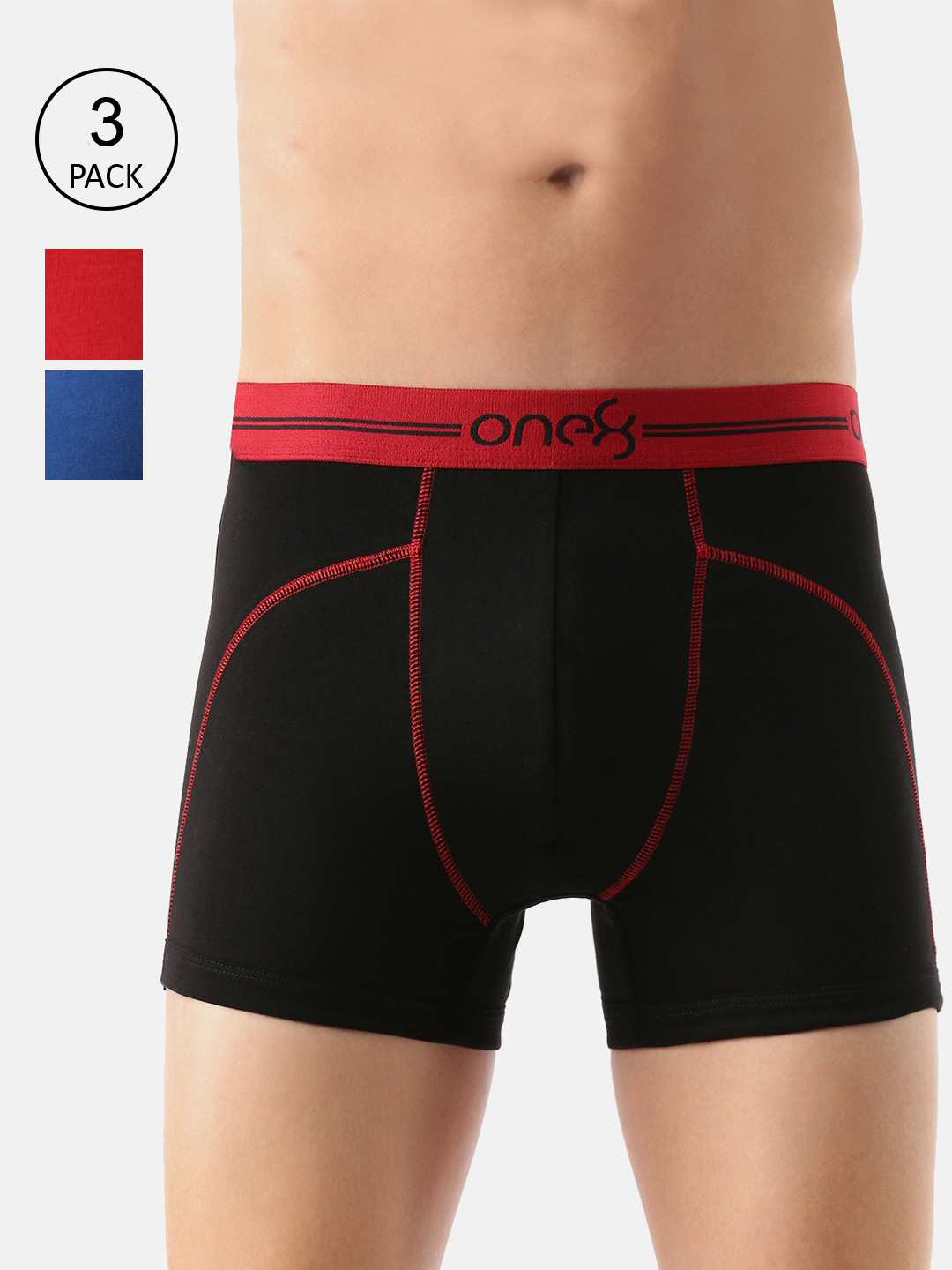 

One8 by Virat Kohli Men Pack of 3 Solid Cotton Trunk 720-PO3-Black/BRED/RBlue-S, Blue
