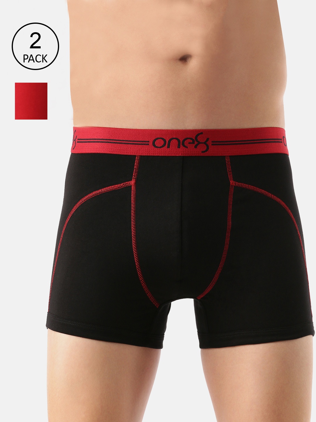 

One8 By Virat Kohli Men Pack Of 2 Black & Red Solid Cotton Trunk 720-PO2-Black/BRED-S