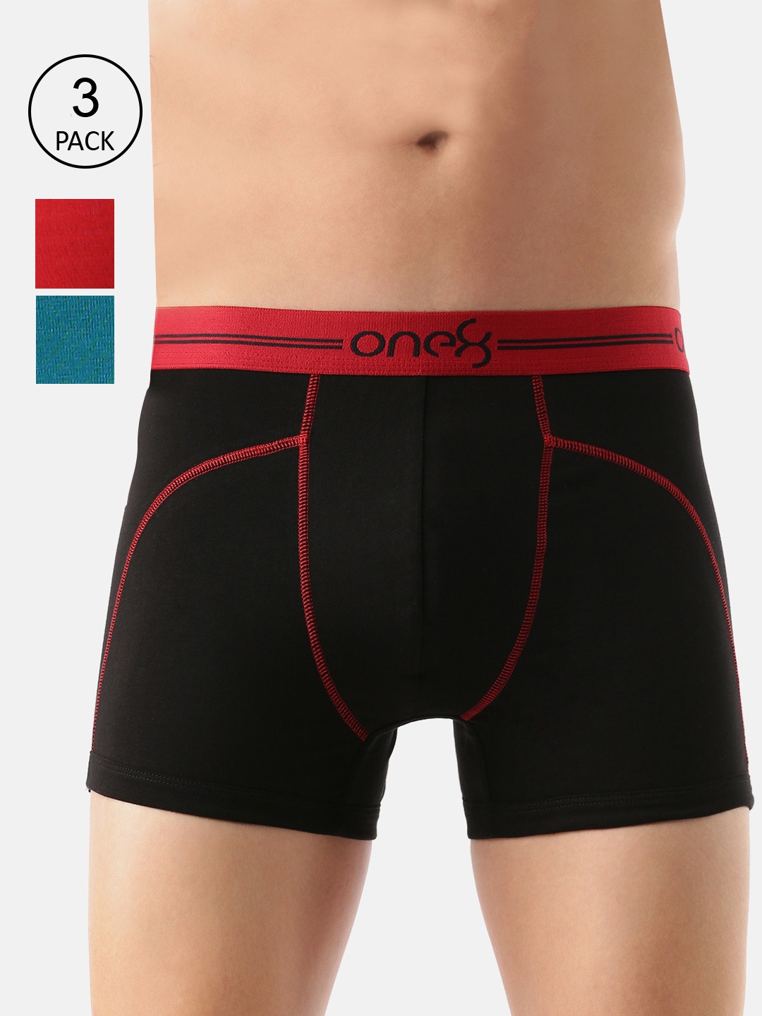 

one8 by Virat Kohli Men Pack Of 3 Solid Cotton Trunks 720-PO3-Black/BRED/Seagreen-S