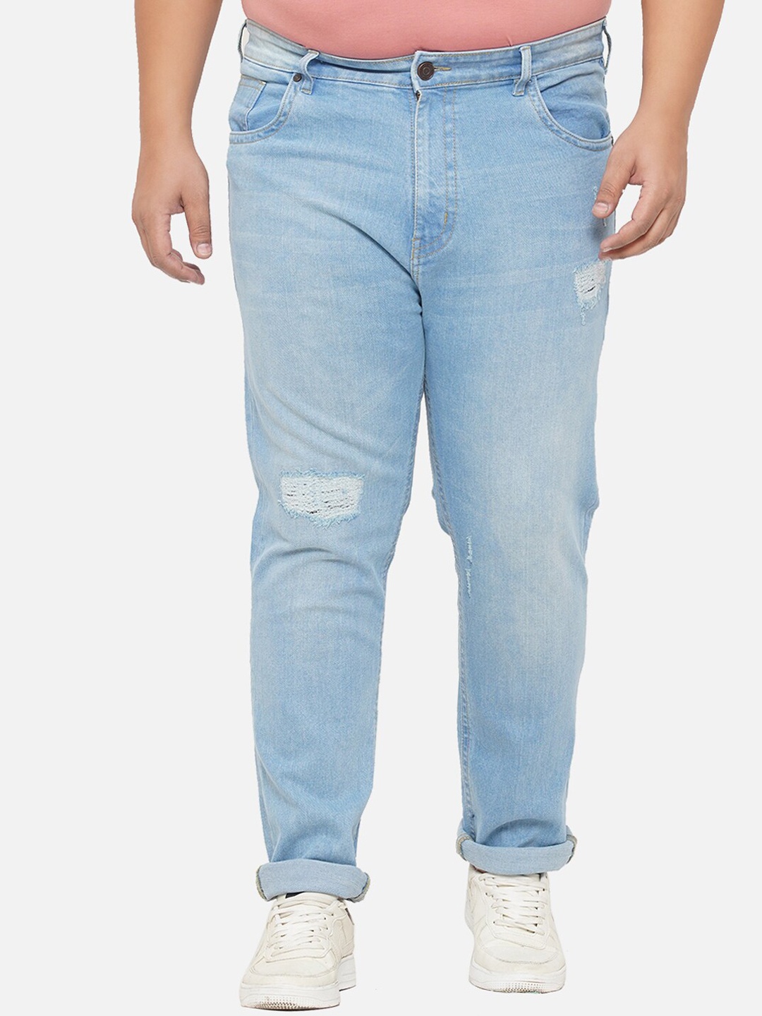 

John Pride Plus Size Men Blue Mildly Distressed Light Fade Stretchable Jeans