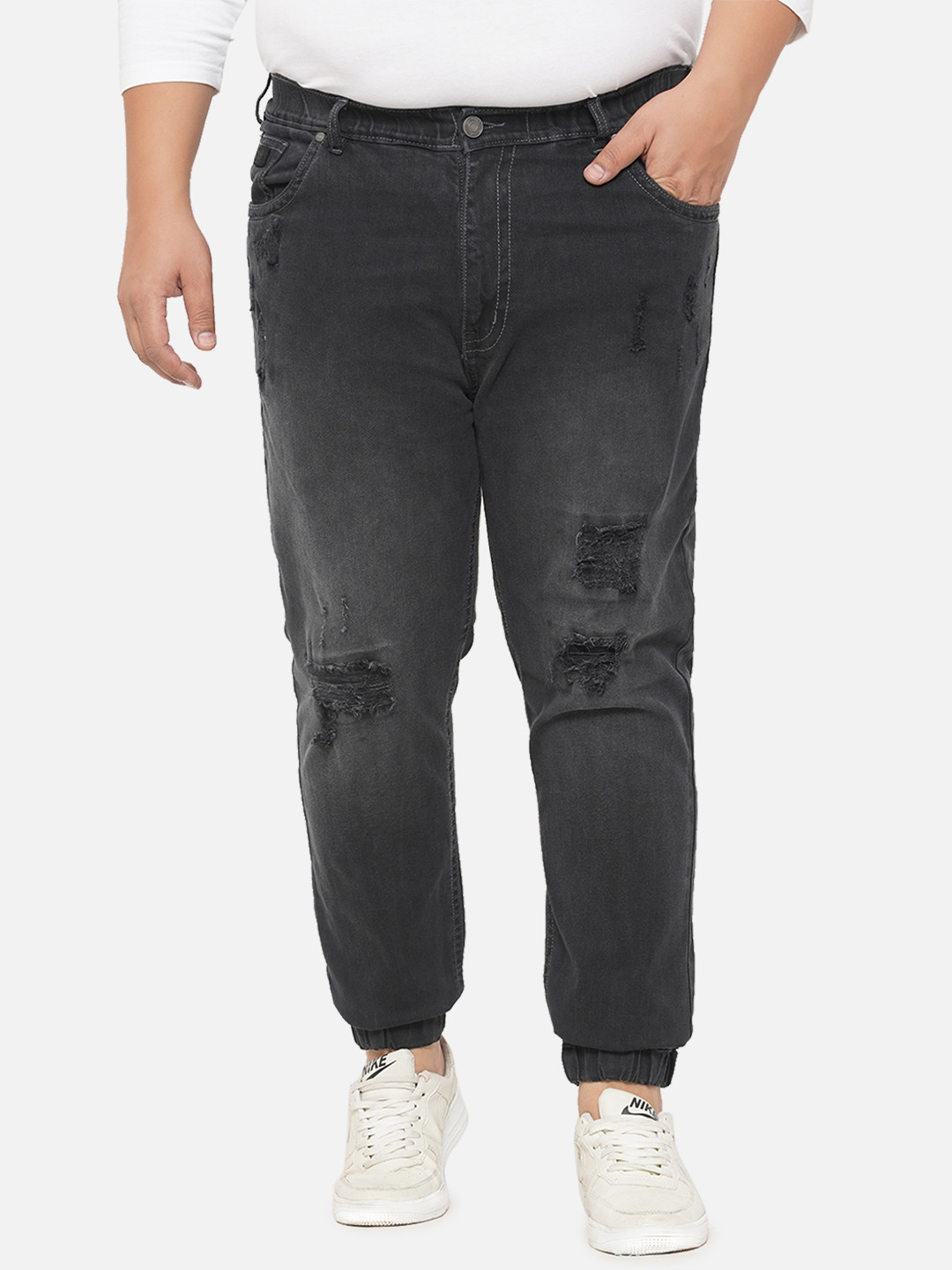 

John Pride Plus Size Men Black Mildly Distressed Light Fade Cuffed Hem Stretchable Jeans