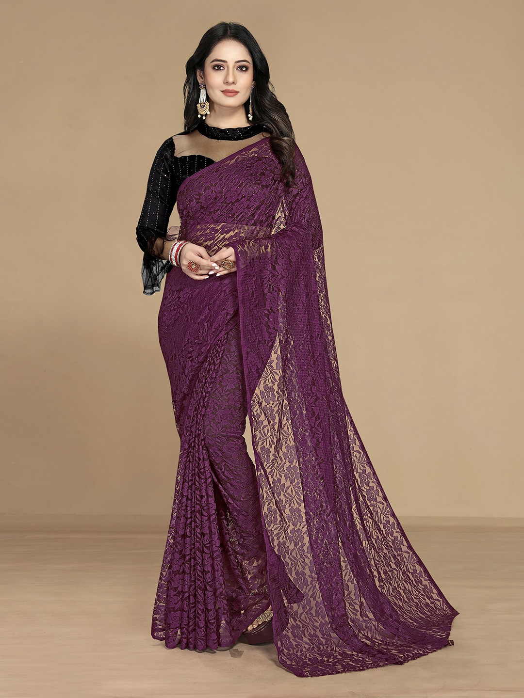 

KALINI Purple Woven Design Net Saree