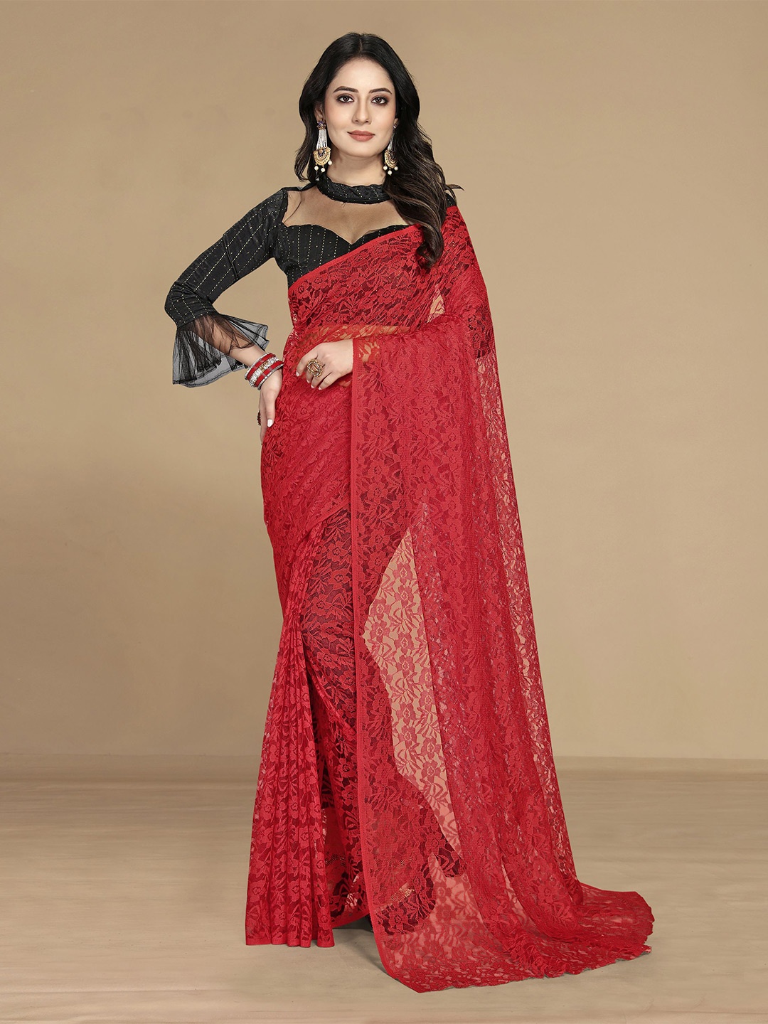 

KALINI Red Woven Design Net Saree