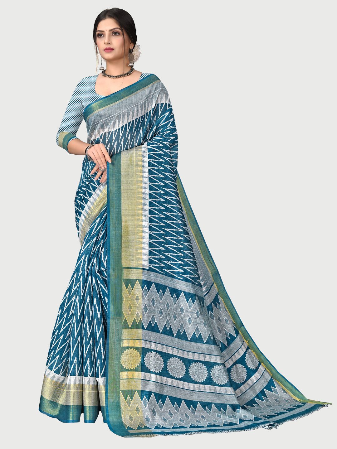 

KALINI Turquoise Blue & Gold-Toned Printed Zari Pure Cotton Saree