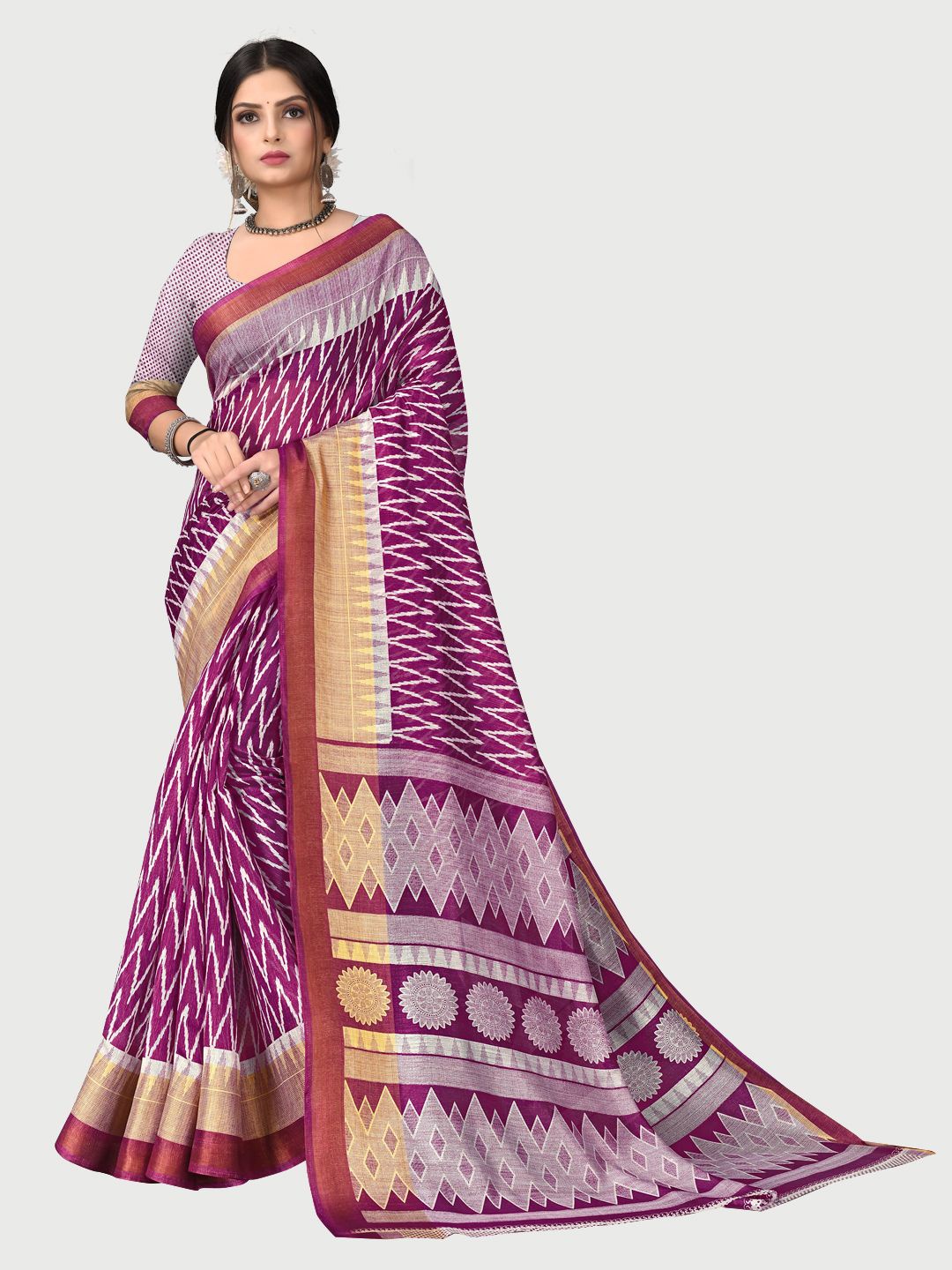 

KALINI Purple & White Printed Zari Pure Cotton Saree