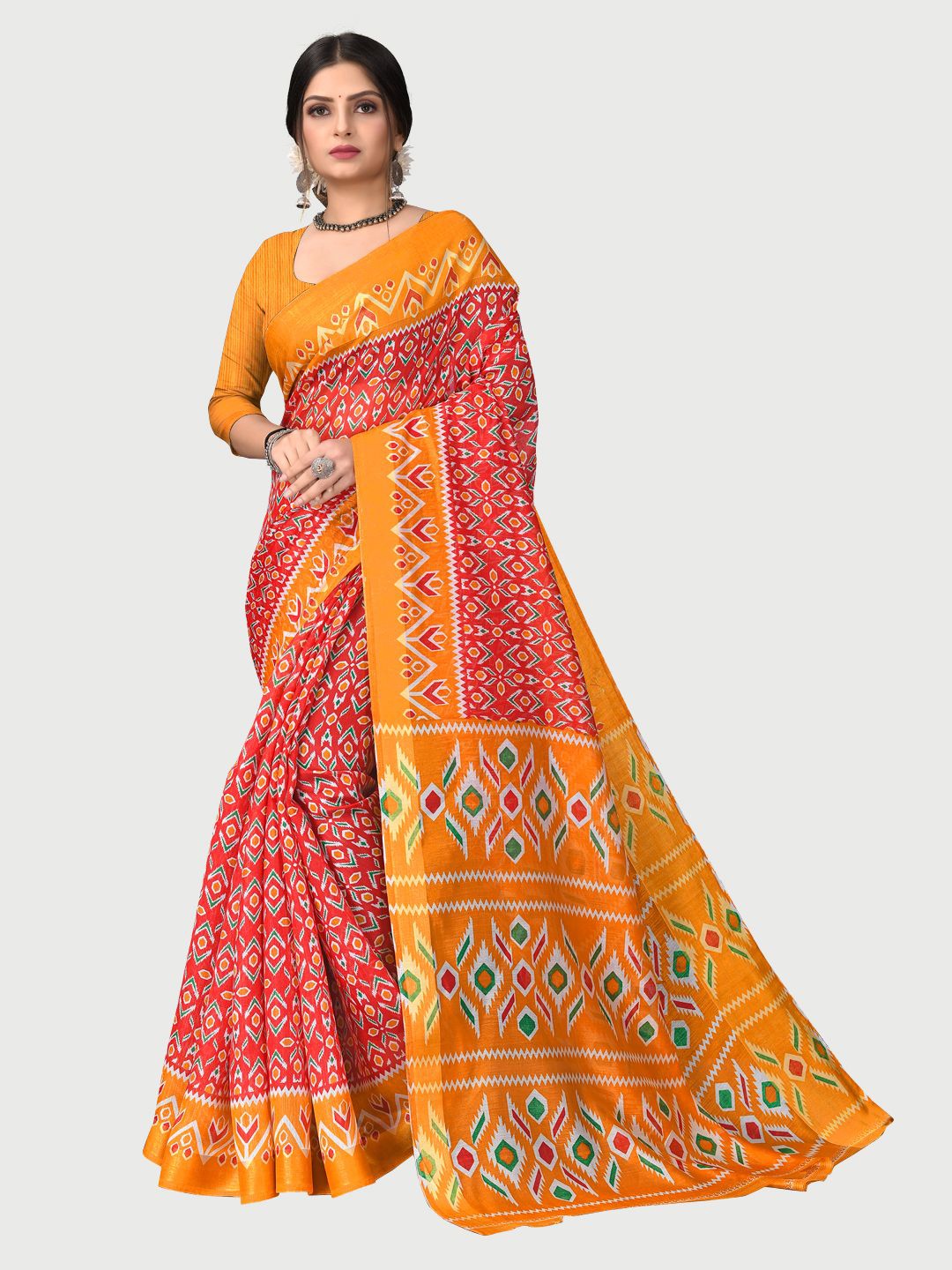 

KALINI Red & Yellow Printed Pure Cotton Saree With Unstitched Blouse