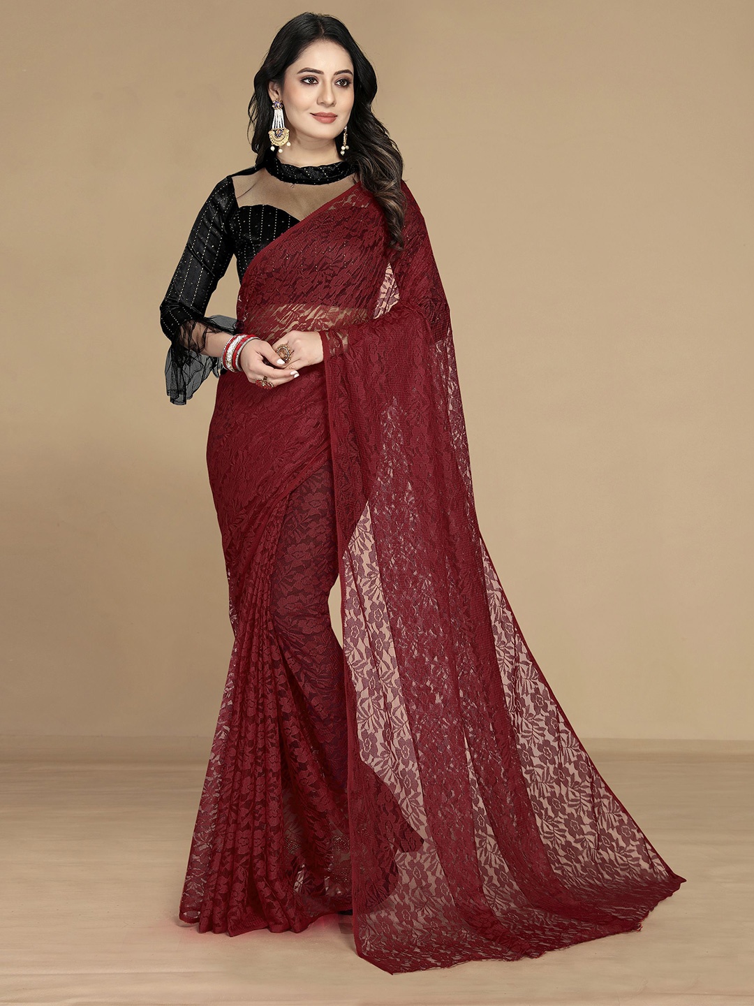 

KALINI Women Maroon Floral Net Saree With Unstitched Blouse