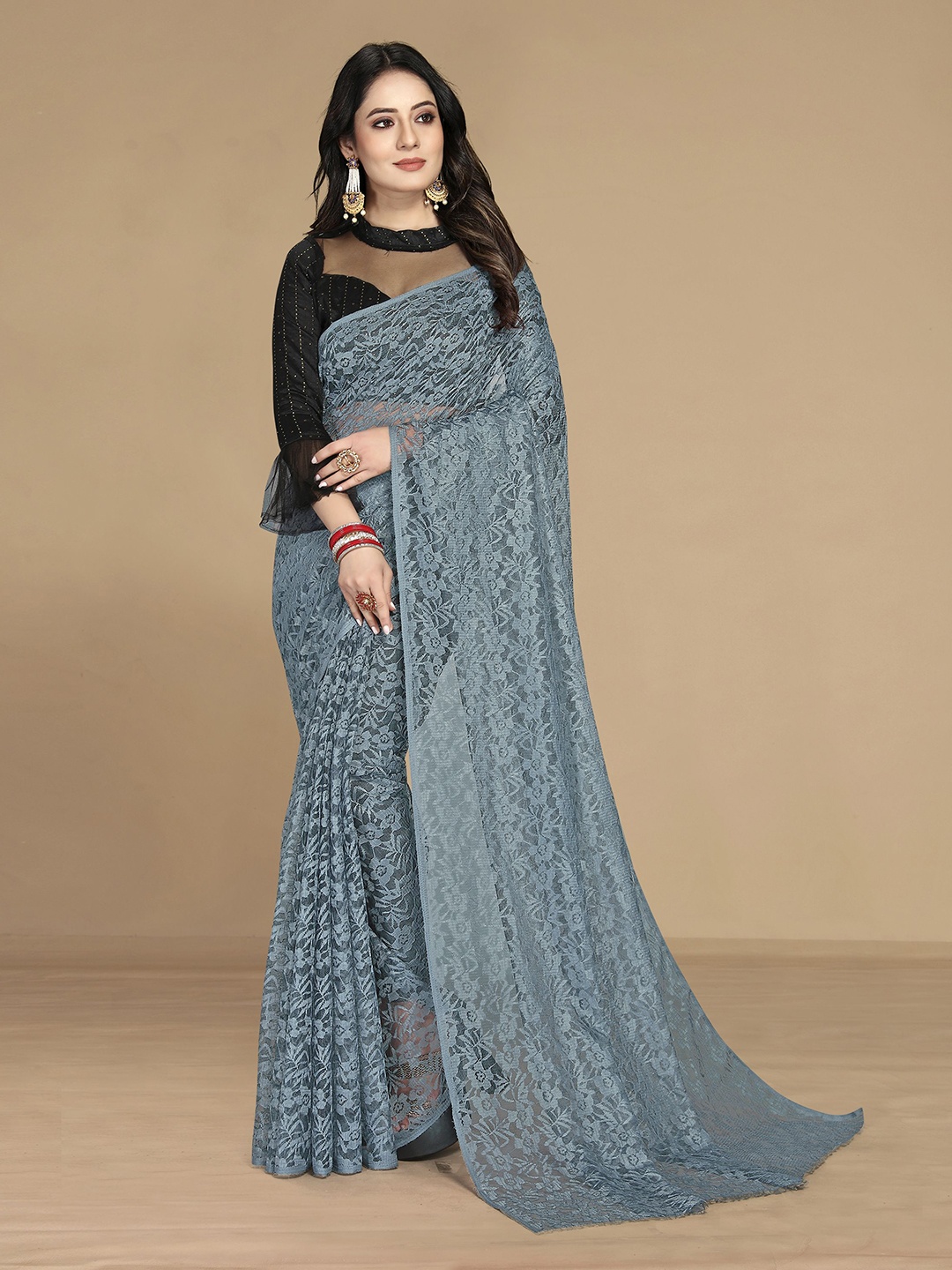 

KALINI Women Grey Floral Net Saree With Unstitched Blouse