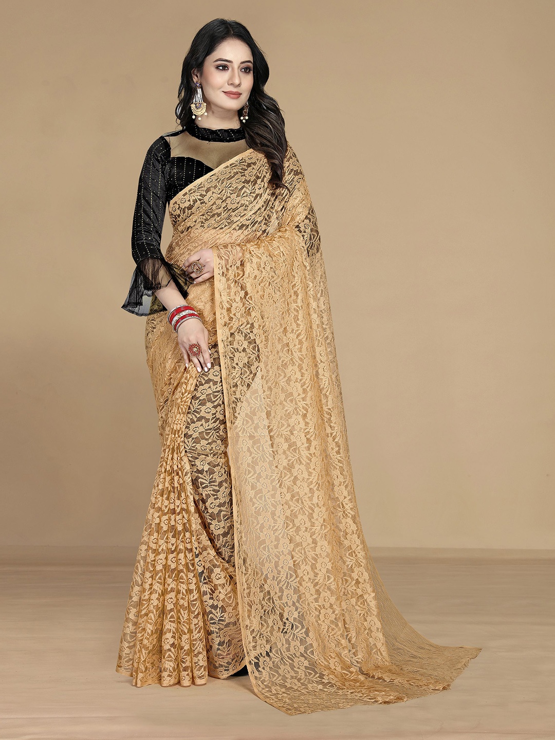 

KALINI Women Beige Floral Net Saree With Unstitched Blouse