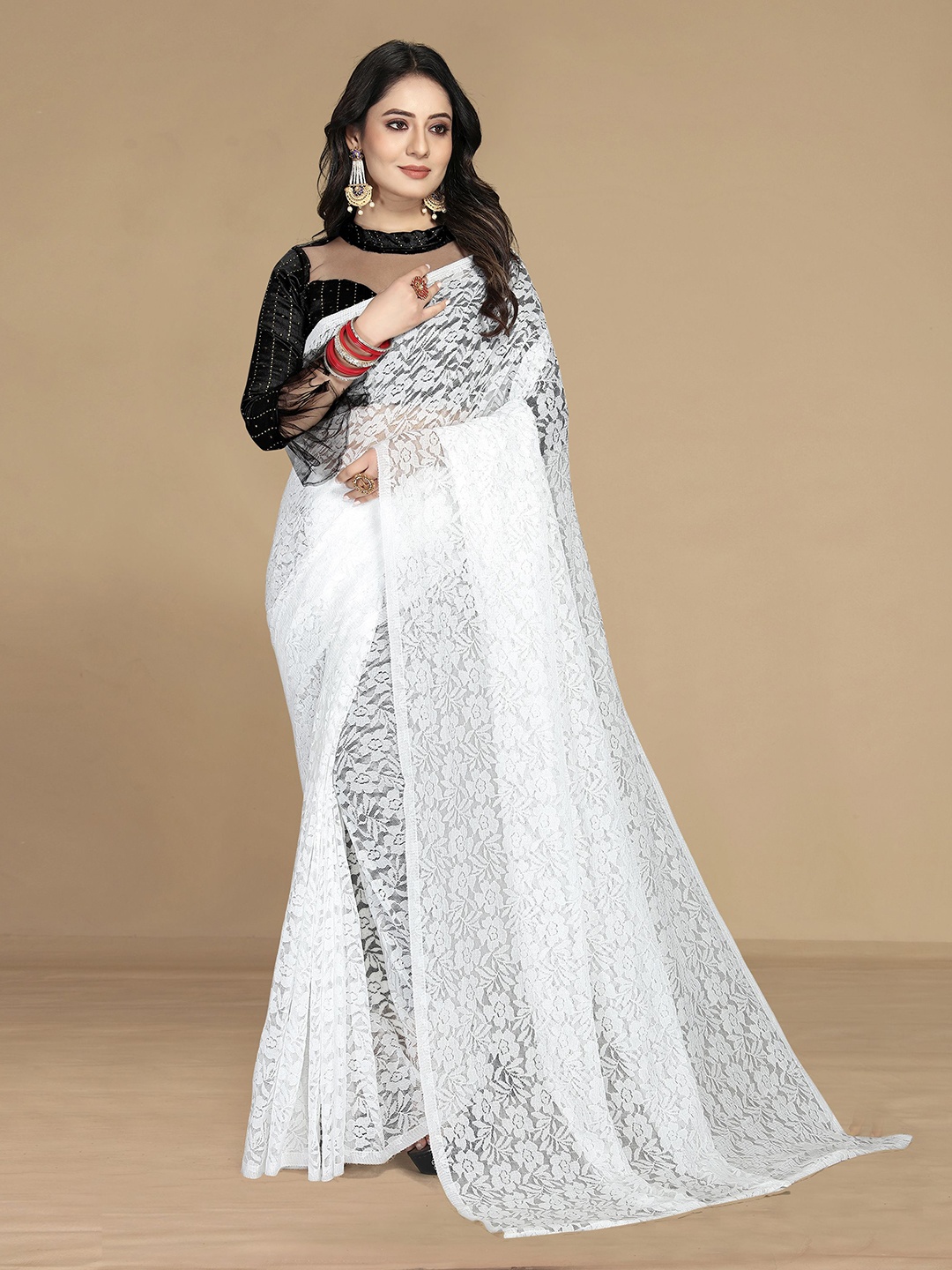 

KALINI Women White Floral Net Saree With Unstitched Blouse