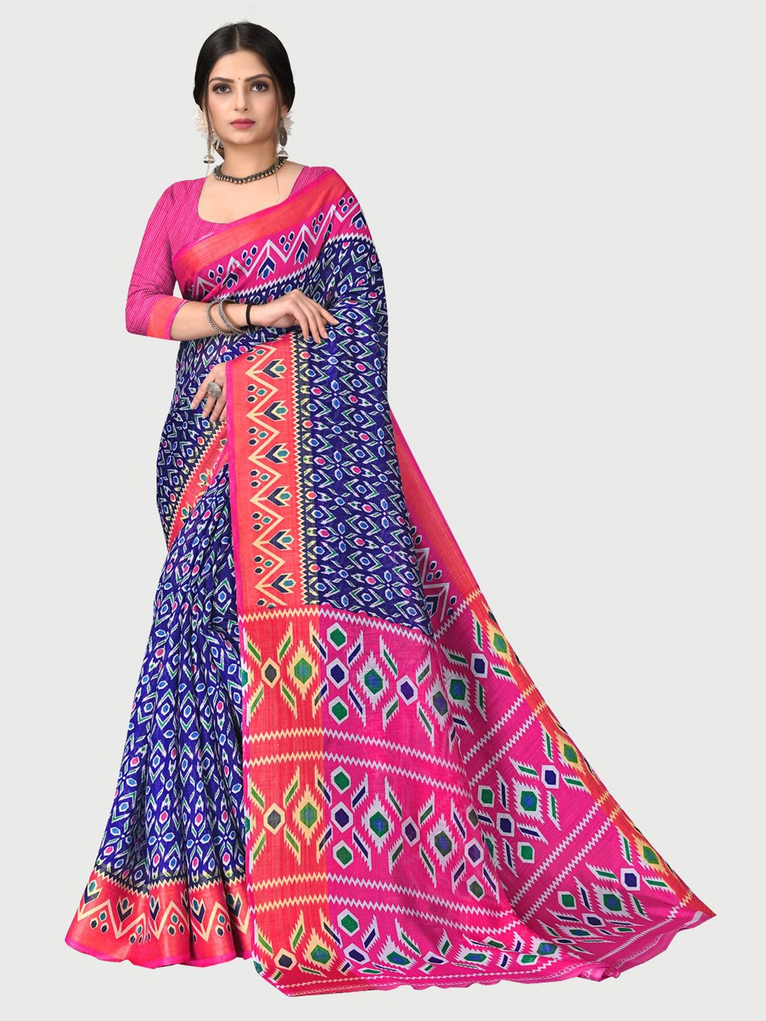 

KALINI Women Blue & Pink Zari Pure Cotton Saree With Unstitched Blouse