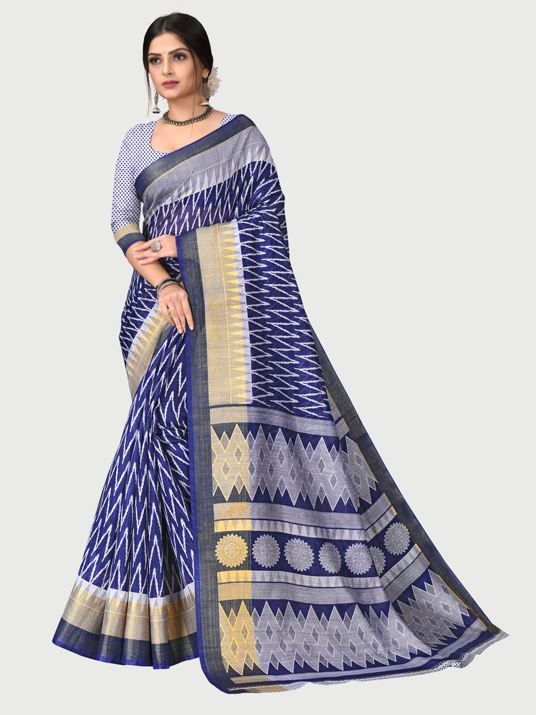 

KALINI Women Blue & Grey Printed Zari Pure Cotton Saree With Unstitched Blouse