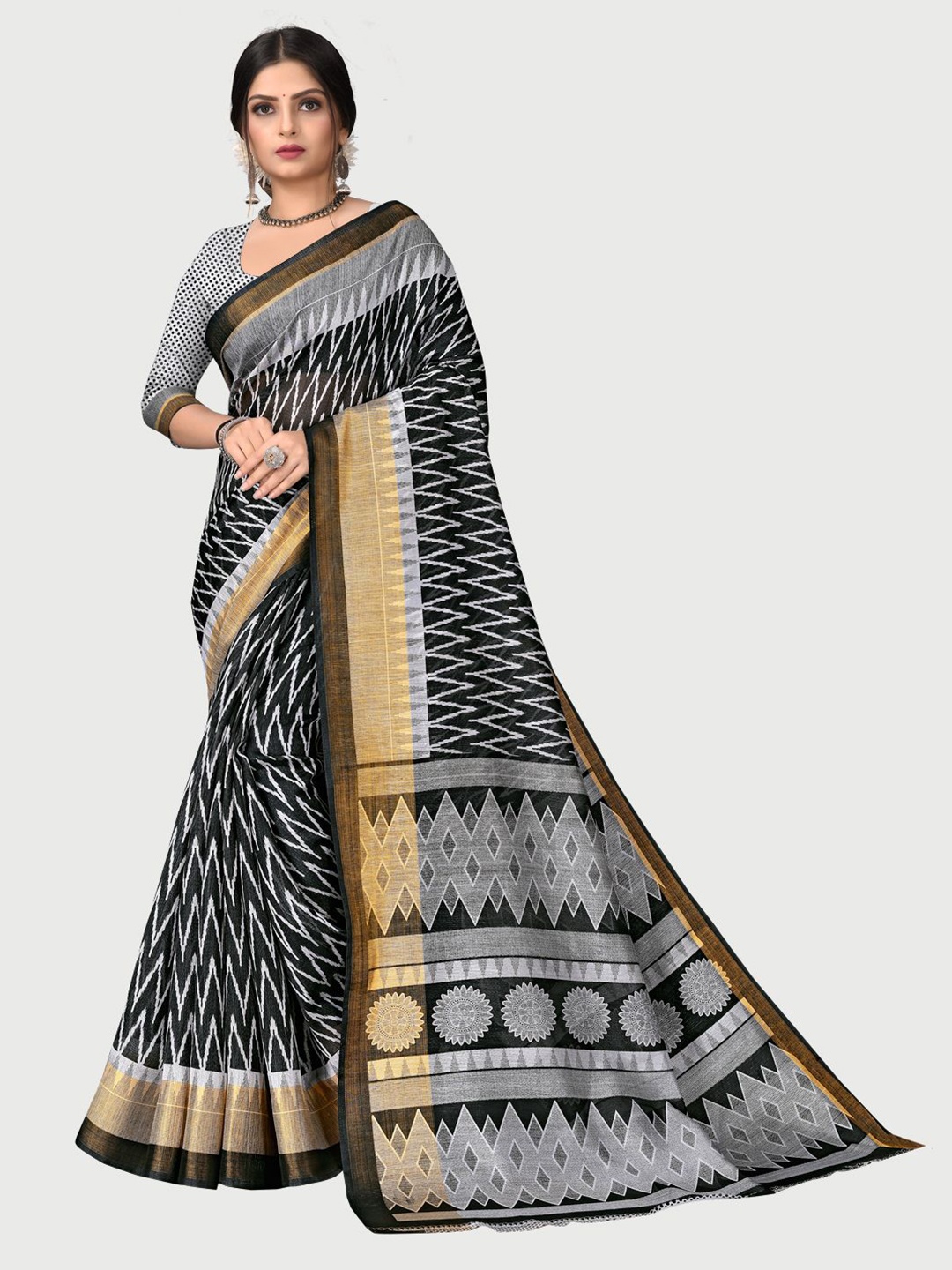 

KALINI Women Black & Grey Zari Pure Cotton Saree With Unstitched Blouse