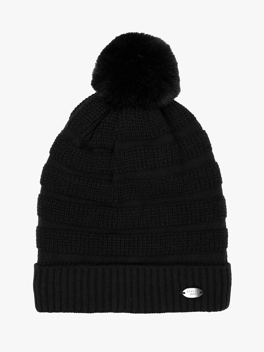 

Status Quo Women Black Self Design Knitted Winter Beanie