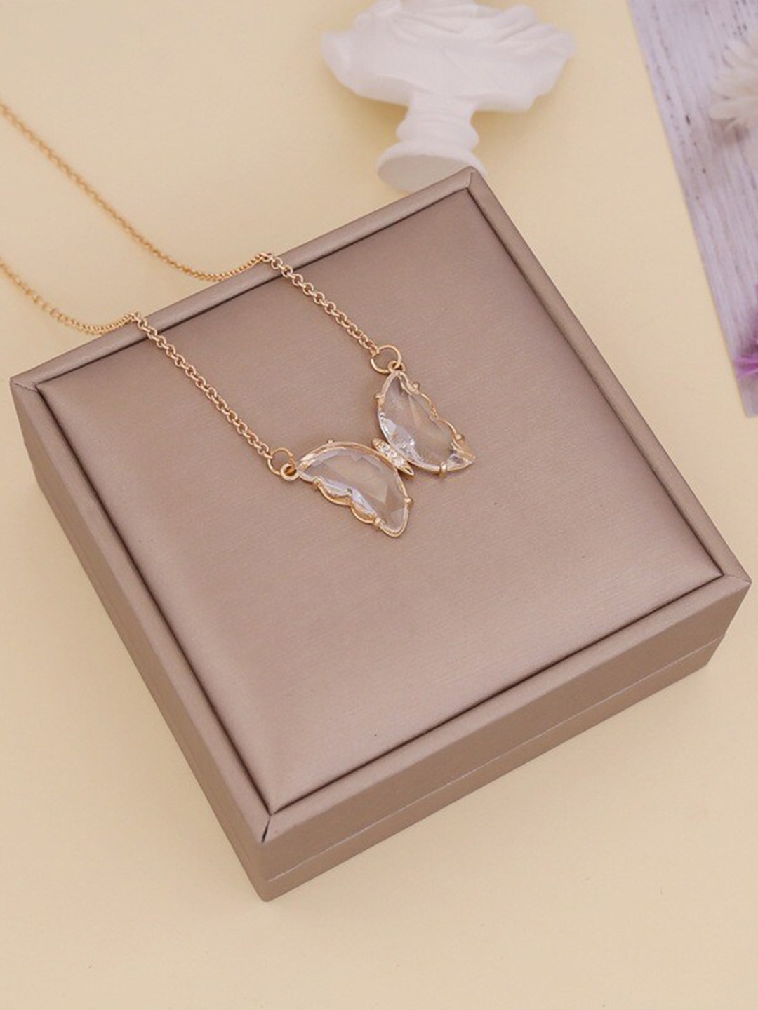 

Pinapes Women Gold-Plated & Transparent Butterfly Crystals Necklace