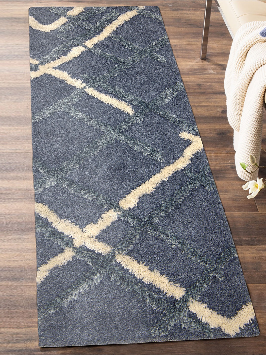 

OBSESSIONS Blue Geometric Embroidered Anti-skid Floor Runner