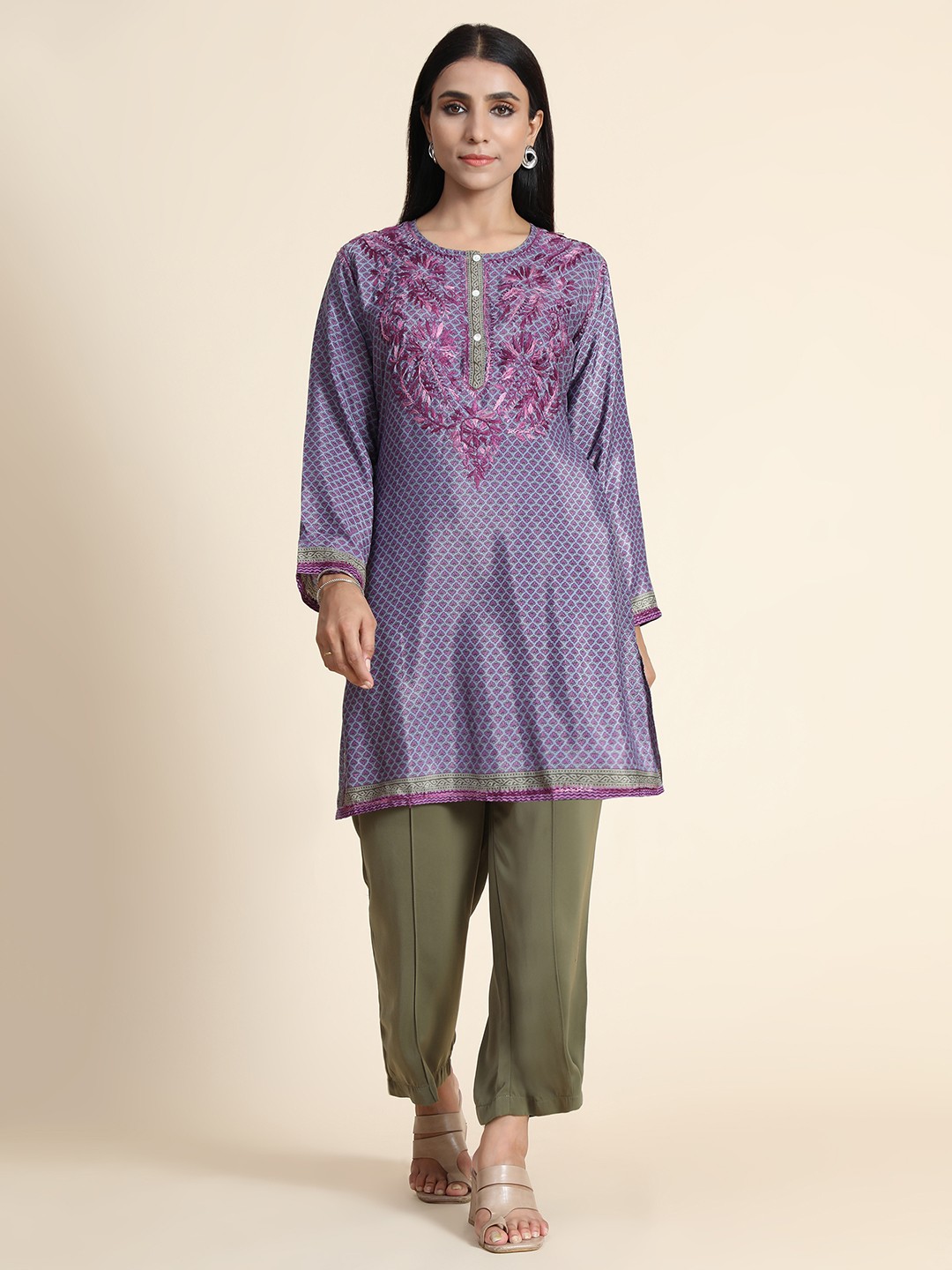 

HOUSE OF KARI Purple & Green Long Embroidered Tunic