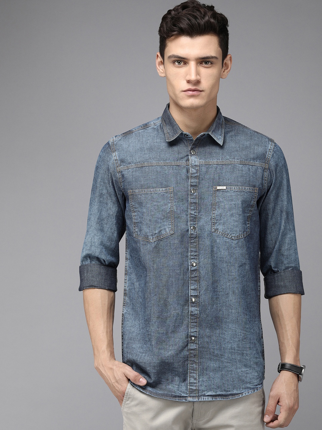 

THE BEAR HOUSE Men Blue Slim Fit Printed Cotton Denim Casual Shirt