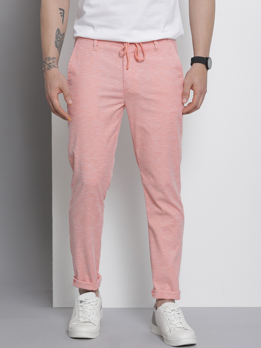 

The Indian Garage Co Men Pink Melange Effect Slim Fit Trousers