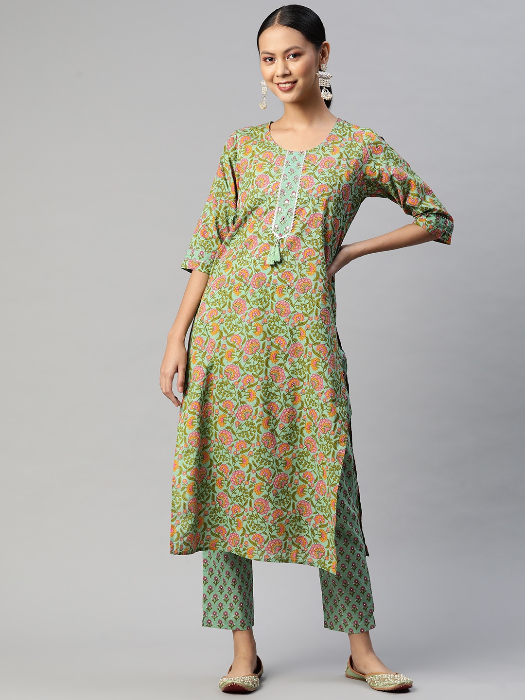 

Readiprint Fashions Women Green Floral Printed Pure Cotton Kurta with Palazzos