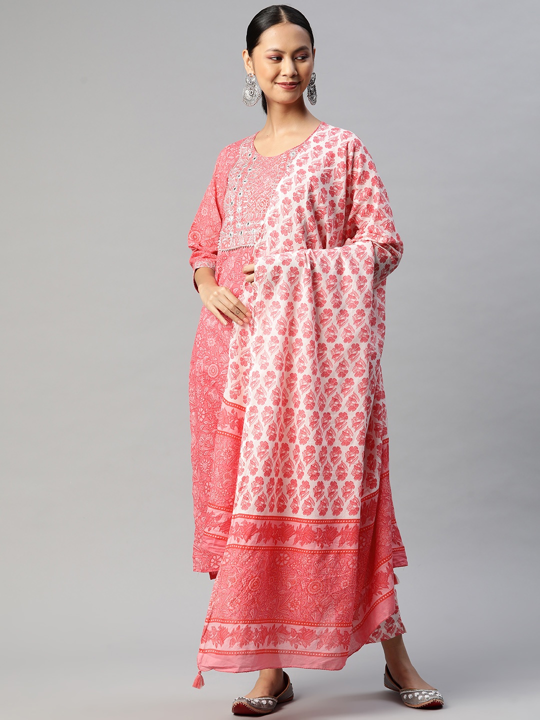 

Readiprint Women Pink Floral Yoke Design Gotta Patti Pure Cotton Kurta with Palazzos & With Dupatta