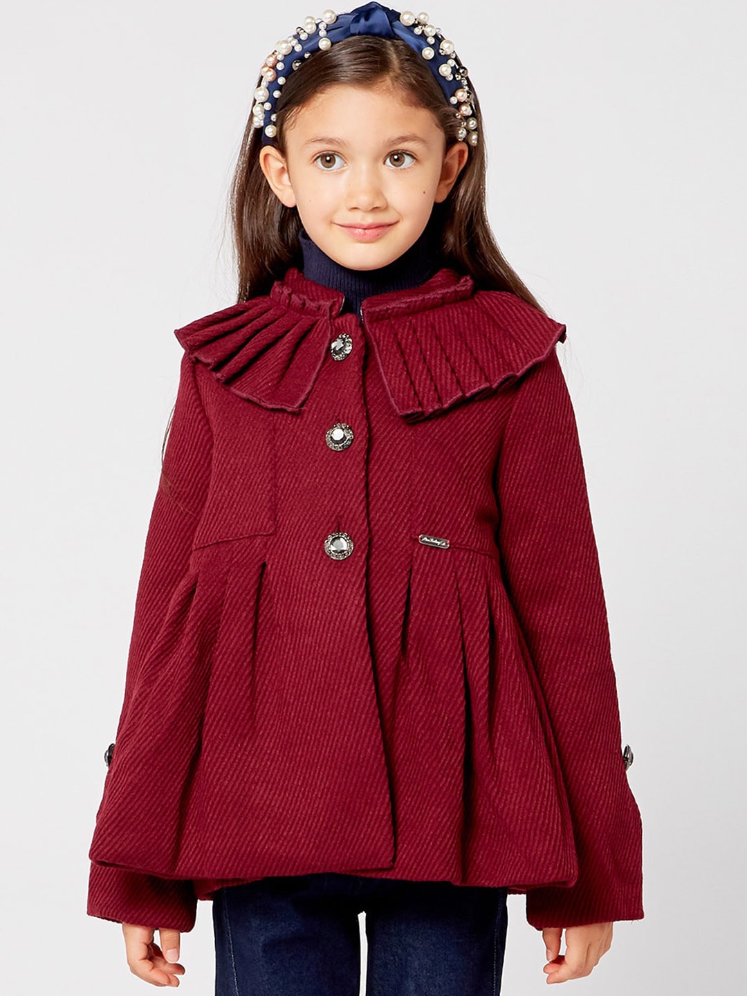 

One Friday Girls Burgundy Striped Pleated Coat