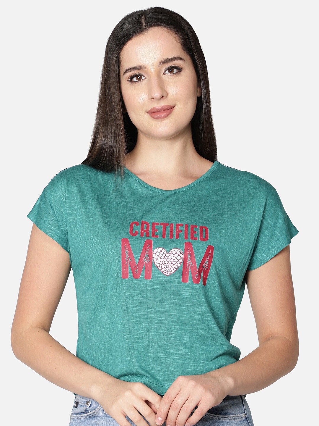 

NUEVOSDAMAS Women Green Printed Extended Sleeves T-shirt