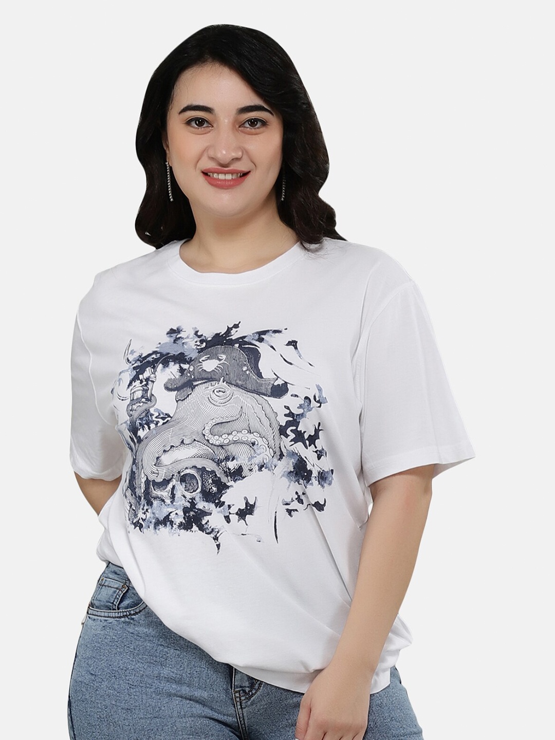 

NUEVOSDAMAS Women Blue Printed Loose T-shirt