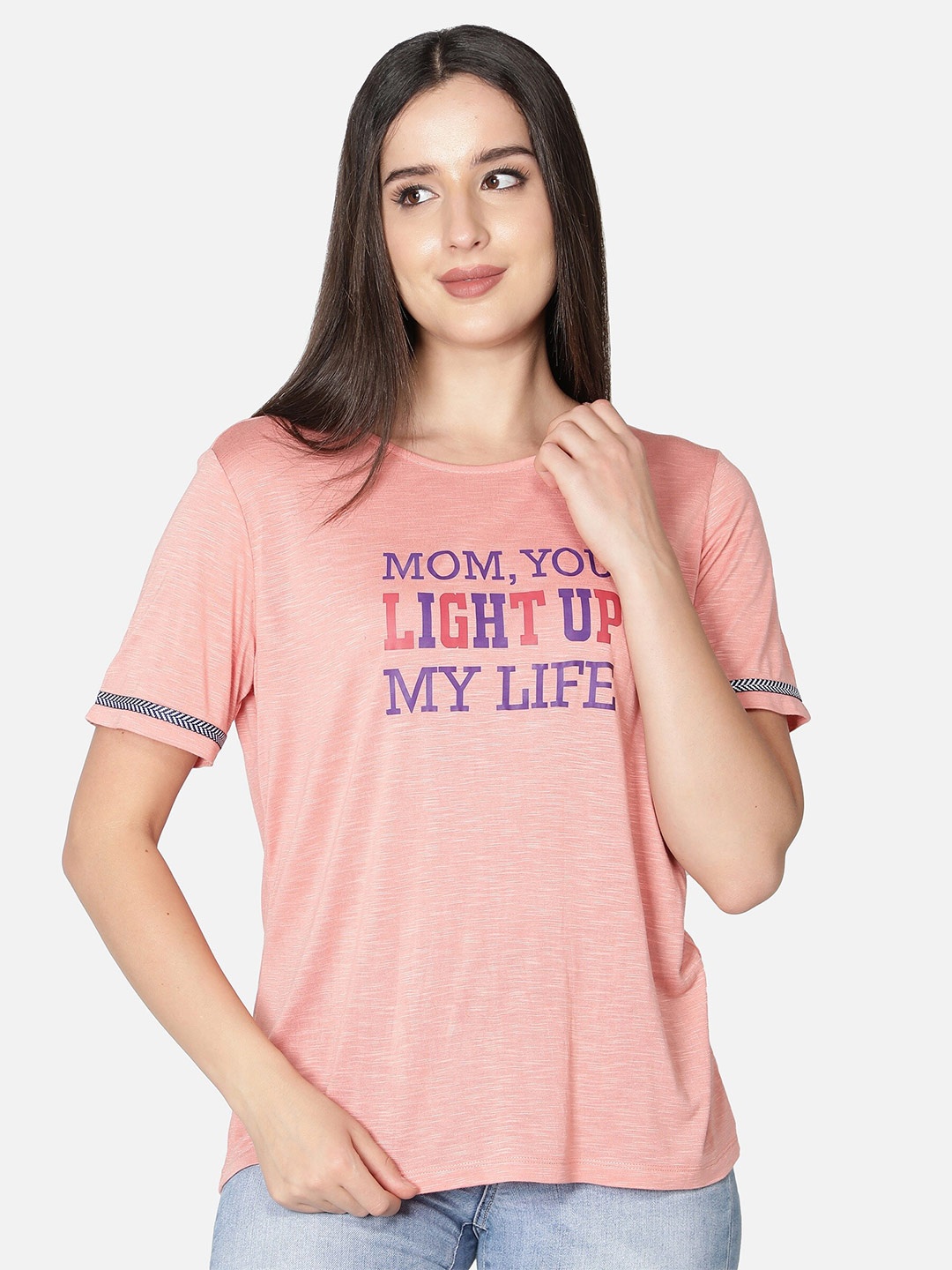 

NUEVOSDAMAS Women Peach-Coloured Typography Printed T-shirt