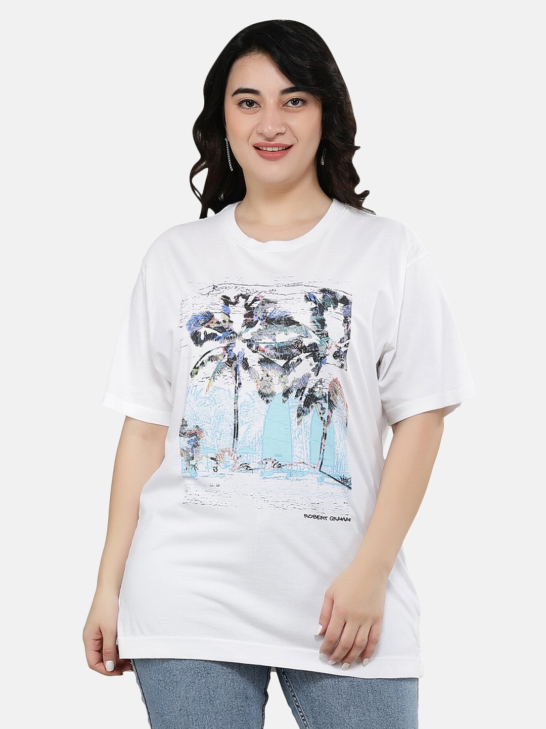

NUEVOSDAMAS Women White Printed Applique Loose T-shirt
