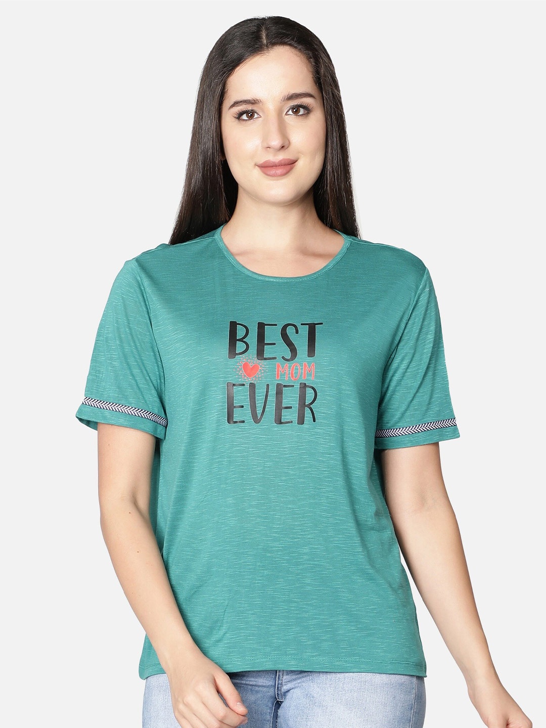

NUEVOSDAMAS Women Teal Printed Drop-Shoulder Sleeves T-shirt